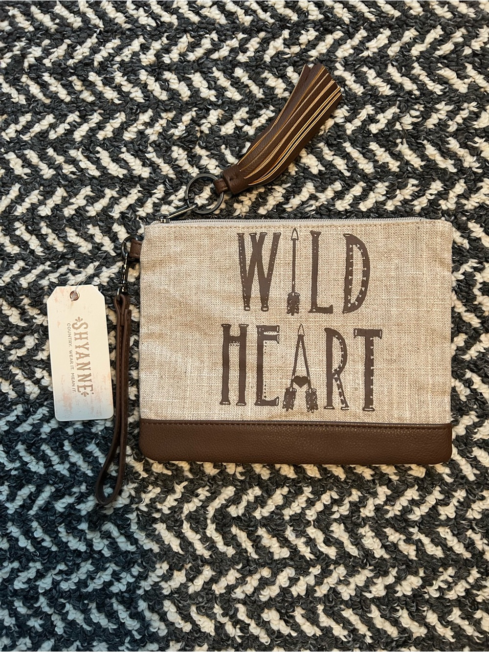 Shyanne Beige Canvas 'Wild Heart' Clutch with Brown Trim